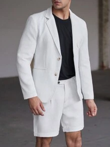 Calvornis 2 件套男士纯色单排扣长袖西装外套和短裤夏季休闲套装 - 白色 - 查看 4