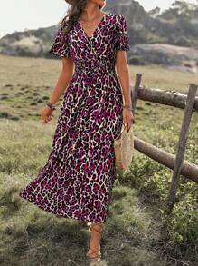 SHEIN Clasi Women Summer Leopard Print V-Neck Lotus Leaf Short Sleeve Waist Long Casual Dress
