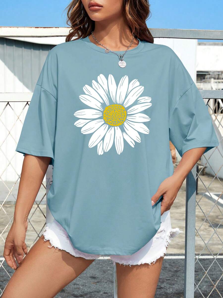 INAWLY 圆领宽松 T 恤，带花卉图案图案 T 恤女式上衣 - 霧霾藍 - 查看 1