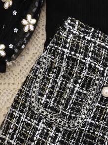 SHEIN Baby Girl Cute Contrast Mesh Flower Top And Plaid Skirt Set, Fall/Winter - Black - View 6