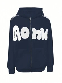 INAWLY Women's Casual Letter Applique Navy Blue Zip Up Drawstring Hoodie, Zipper Hooded Sweatshirt,Long Sleeve Tops Graduation,Back To School Outfits,Graduation,Teacher Outfits For Women,Back To School Pullover Fall Outfit - Navy Blue - View 4
