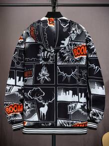 Manfinity Homme Men Hooded Drawstring Allover Print Long Sleeve Jacket, Men Graphic Print Zip Up Hoodie, Men Comic Print Jacket, Men Zip Up Graphic Jacket, Graphic Hoodie, Men Outerwear, For Fall, Grunge - Black - View 2