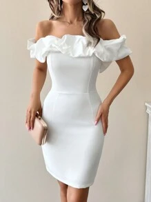EURMUSE Elegant Dress With 3D Flower Design, Ruffle Hem, Off Shoulder - White - View 5