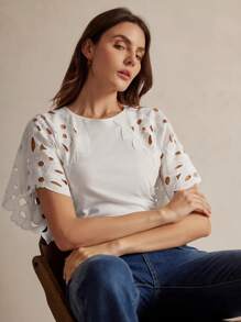 Anewsta Women Crew Neck Solid Color Ruffle Trim Short Sleeve T-Shirt For Summer