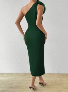 Chiquease 女士黑色腰部收褶开衩花卉 3D 装饰轻便礼服，夏季长款女装 - 墨綠色 - 查看 2