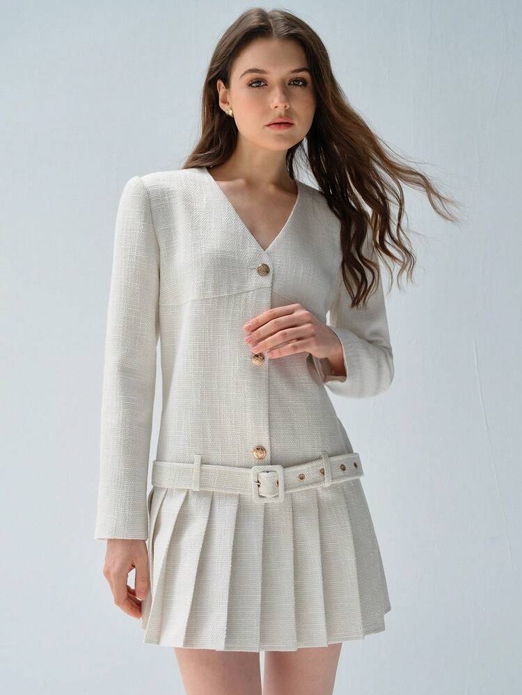 Fall Dress Women's White Tweed Metal Button Pleated Hem, Belt Decoration, Casual Long Sleeve Dress, Daily Commuting Fashion