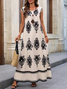 EMERY ROSE Ärmelloses Kleid mit Allover Muster und V-Ausschnitt, lässige Urlaubsmode