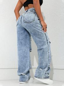 女士美式街头风个性化做旧直筒牛仔裤 - 寶藍色 - 查看 3