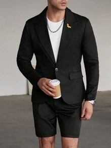 Manfinity Bizformal Traje casual de negocios para hombres con logo de águila bordado en oro, de manga corta y color negro. Conjunto de dos piezas para hombre, ideal para el esposo