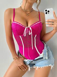 Zolique Contrast Color Lace-Up Front Spaghetti Strap Bodysuit