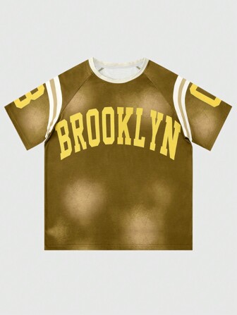 Prep Camiseta de cuello redondo de manga corta con estampado de letras casual de verano para hombre