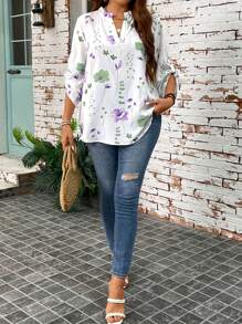 SHEIN LUNE Blusa de manga corta sencilla de diario con estampado floral para mujer talla grande - Multicolor - Ver 6