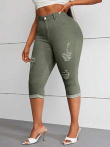 SHEIN LUNE 大码女式前扣多口袋破洞休闲牛仔裤 - 軍綠色 - 查看 3