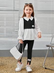 SHEIN 2 piezas Conjunto de blusa con mangas abullonadas y pantalones de bloque de color elegante para niña joven