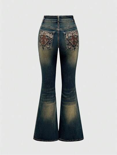Grunge Punk Plus Size Distressed Embroidered Pocket Flare Leg Jeans