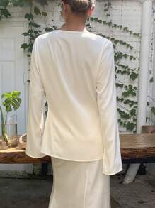 Livesso 女士纯色束腰长袖修身衬衫，配蝴蝶结，秋季服装