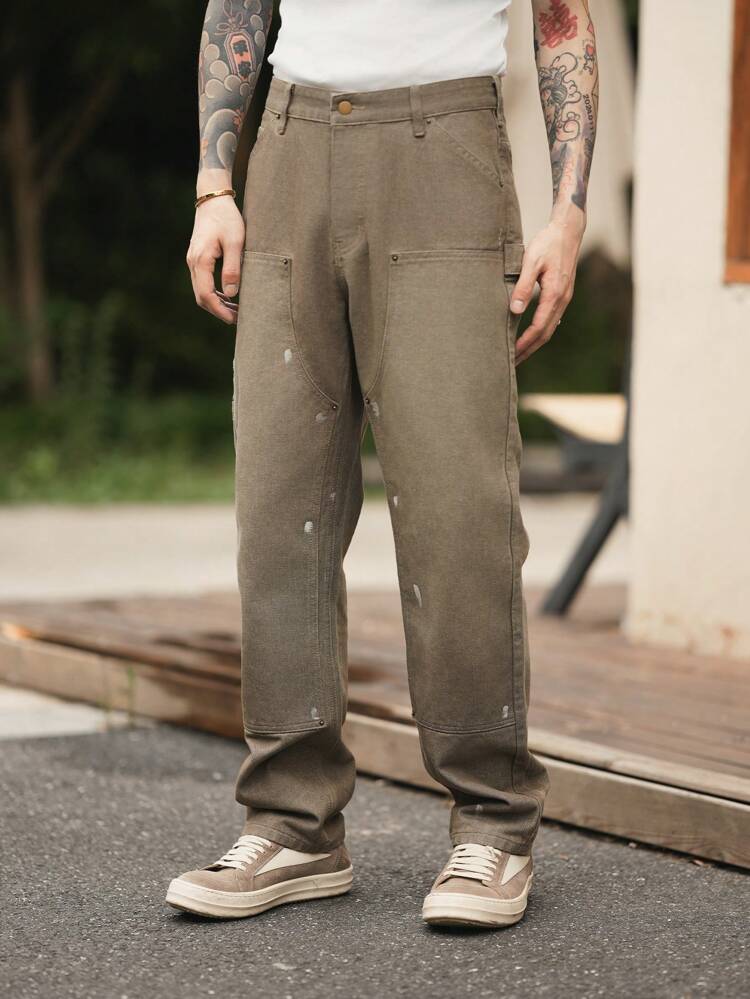 Men's Loose Retro American Style Asymmetric Green Denim Workwear Straight Leg Pants Cutter Pants