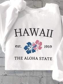 INAWLY 女士宽松落肩夏威夷图案刺绣仿真热转印运动衫 - 白色 - 查看 3