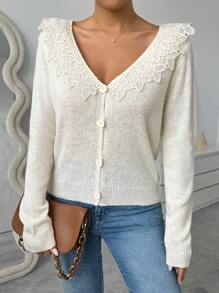 Chiquease Cardigan Polos Lengan Panjang Kancing Depan dengan Hiasan Renda, Pakaian Kasual Sehari-hari - Aprikot - View 8