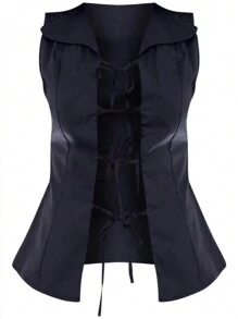 INAWLY 女士夏季休闲纯色系带无袖衬衫 - 黑色 - 查看 4