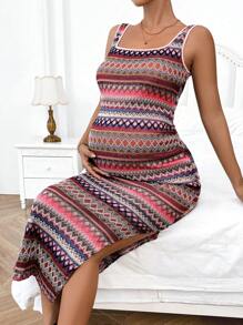 SHEIN 孕妇夏季休闲拼色条纹侧开衩无袖紧身连衣裙 - 彩色 - 查看 3