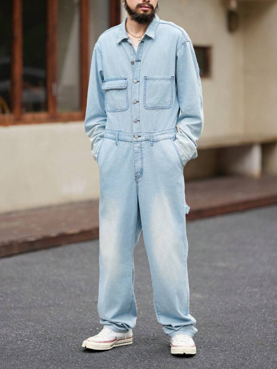 Manfinity Homme Bộ áo liền quần denim có nút nắp phía trước dành cho nam giới - Rửa nhẹ - Xem 1