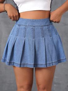 CovetEZ 大码纯色褶皱休闲牛仔迷你裙，夏季 - 中等水洗藍 - 查看 4