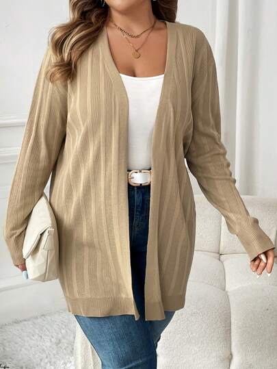 SHEIN LUNE 大码女式卡其色长袖针织开衫毛衣，秋季服装基本款教师上衣