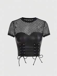 ROMWE PUNK Lace Up Front PU Leather Crop Top, School - Black - View 1