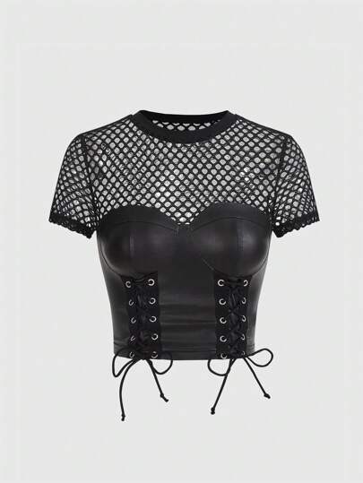 ملابس علوية قصيرة من الجلد الصناعي بأربطة أمامية ، مدرسي