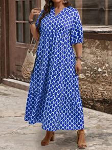 EMERY ROSE Plus Size V-Neck Short Sleeve Allover Print Ruffle Hem Elegant Midi Dress, For Summer,Beach Dress Sundress,Holiday Outfits Boho - Blue - View 4