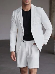 Calvornis 2 件套男士纯色单排扣长袖西装外套和短裤夏季休闲套装 - 白色 - 查看 6