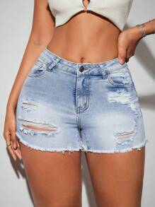 SHEIN Tall Casual Ripped Frayed Hem Skinny Denim Shorts, Summer