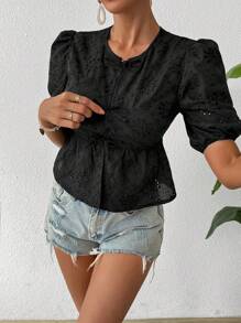 Breezaya Hollow-Out Jacquard Tie Front Puff Sleeve Blouse - Black - View 4