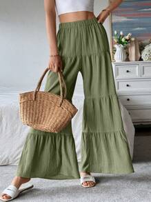 SHEIN LUNE Women's Textured Elegant Comfortable Casual Long Pants Fall Cloth For Women - Army Green - View 4