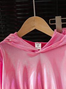 SHEIN 2-częściowy dziewczęcy, minimalistyczny, błyszczący, skrócony zestaw bluzy z kapturem i spodniami ze ściągaczem, odpowiedni do codziennego noszenia na co dzień, na wiosnę i jesień, na wszystkie pory roku