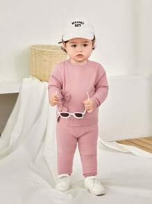 SHEIN 女婴可爱纯色针织毛衣配蝴蝶结装饰和松紧腰裤套装，秋冬季