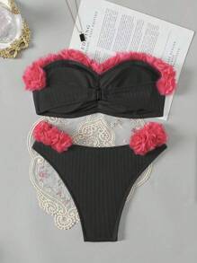 SHEIN Swim Women's 2pcs Swimwear Set - Ruffled Trim Backless Bandeau Top And Fashionable Bottom Summer - Black - View 2
