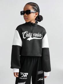 SHEIN Áo nỉ trùm đầu màu đen trắng cho bé gái tuổi teen mùa thu/đông trở lại trường - Đen và trắng - Xem 1