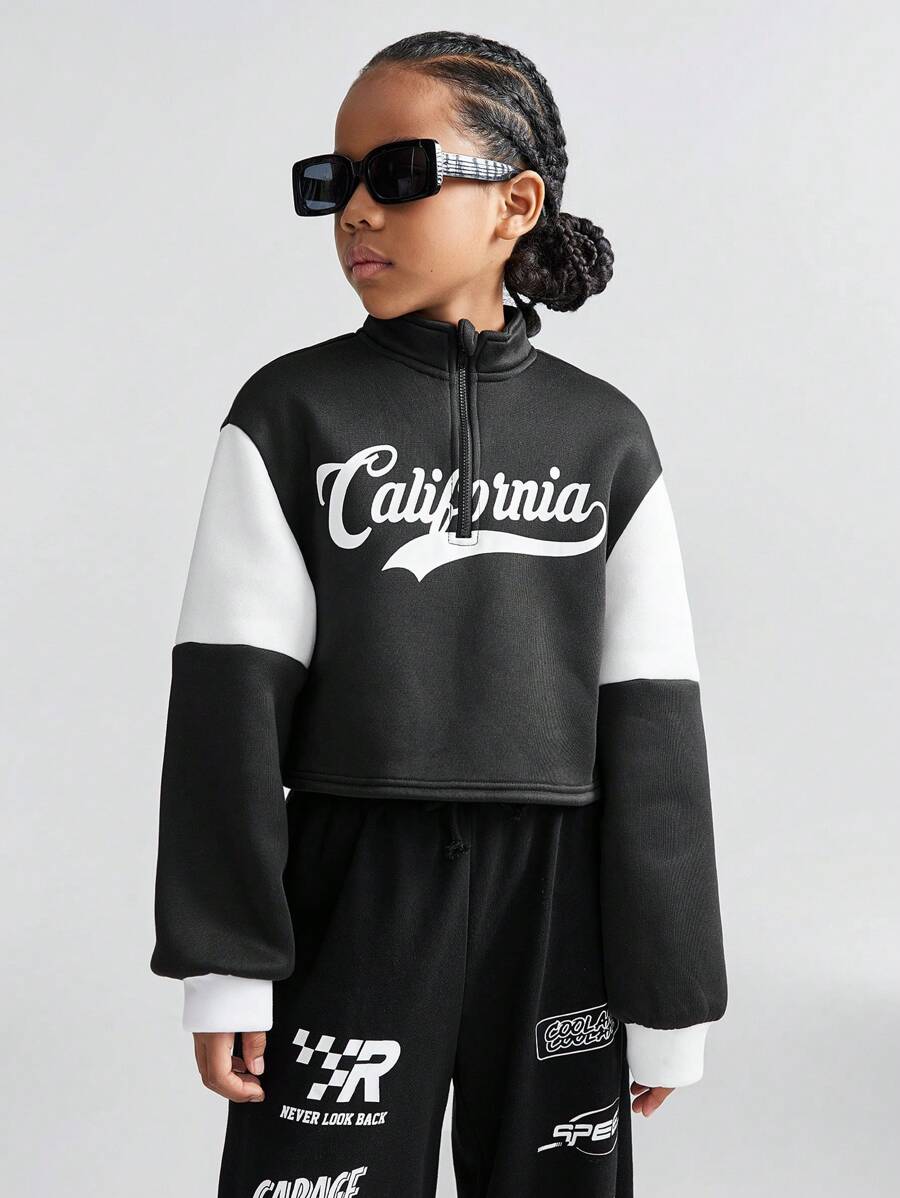 SHEIN Áo nỉ trùm đầu màu đen trắng cho bé gái tuổi teen mùa thu/đông trở lại trường - Đen và trắng - Xem 1