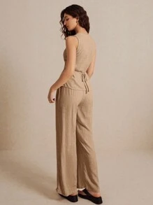 Poéselle 亚麻上衣，亚麻前扣装饰西装上衣，前开衩衬衫，简约优雅，复古时尚风格，天然舒适面料，透气性好，适合日常通勤和度假穿着。 - 駝色 - 查看 4