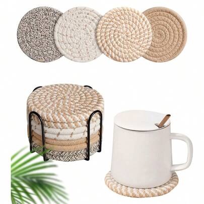 8pcs Pack Coasters With Holder, Minimalist Table Woven Coasters, Kitchen Table Heat-Resistant Coasters And Thick Insulation Pads For Kitchen Decor,4 Colors Assorted Coaster Set For Home Decor, Living Room Decor, Kitchen Decor Tabletop Protection Suitable For Kinds Of Cups, Christmas For Holiday Gift Giving