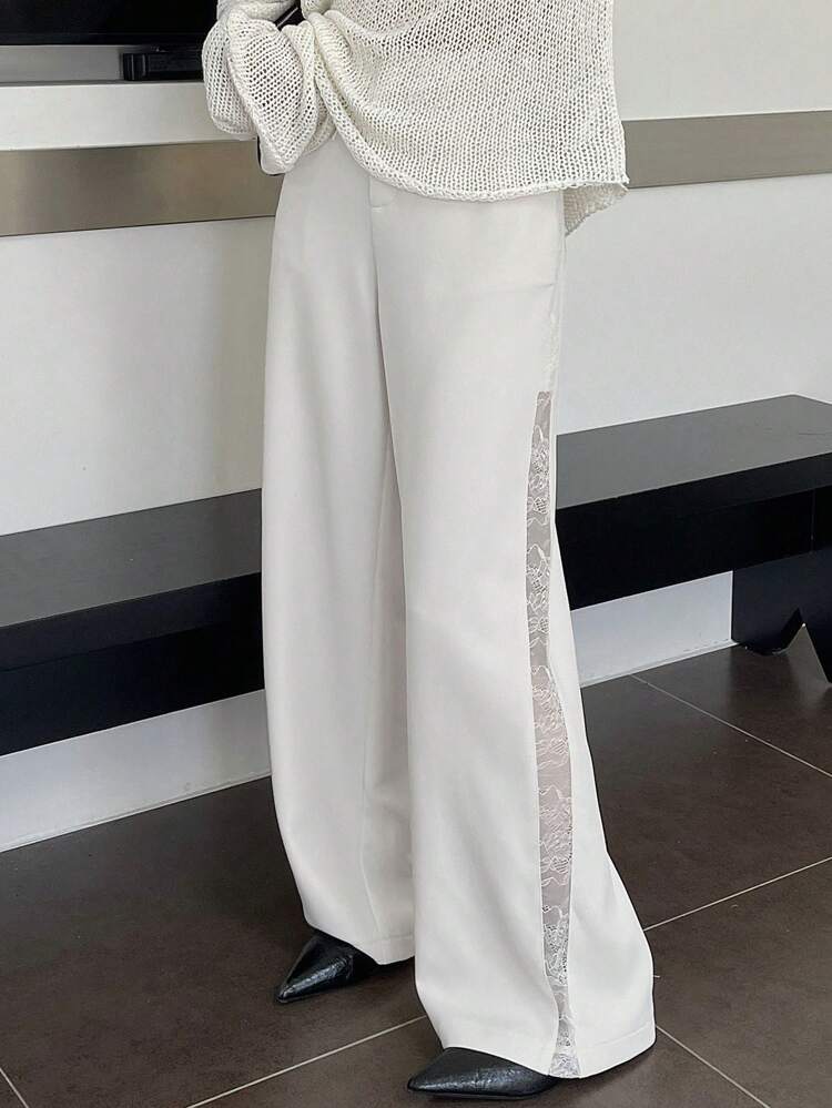 Women Solid Color Contrast Lace Wide-Leg Pants