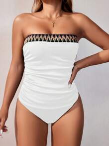 SHEIN Swim Women's Beach Vacation Wave Striped Woven Bandeau Casual Tankini Swimwear Set Summer - White - View 4