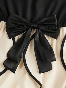 Tween Girls Color Block Long Sleeve Bow Decor Elegant Dress - Black and White - View 6