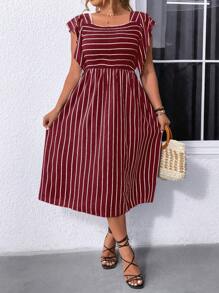 SHEIN LUNE Plus Size Square Neck Ruffle Trim Striped Casual Dress - Burgundy - View 4