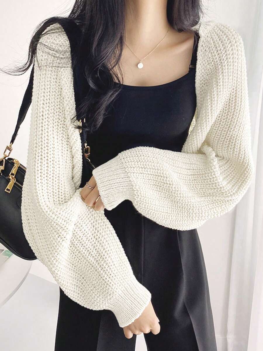DAZY 女士纯色简约日常针织开衫、长袖上衣 - 白色 - 查看 1