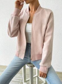 Chiquease 2025 Autumn/Winter Round Neck Zip-Up Loose Fit Casual Baseball Jacket Fall Cloth For Women - Pink - View 6