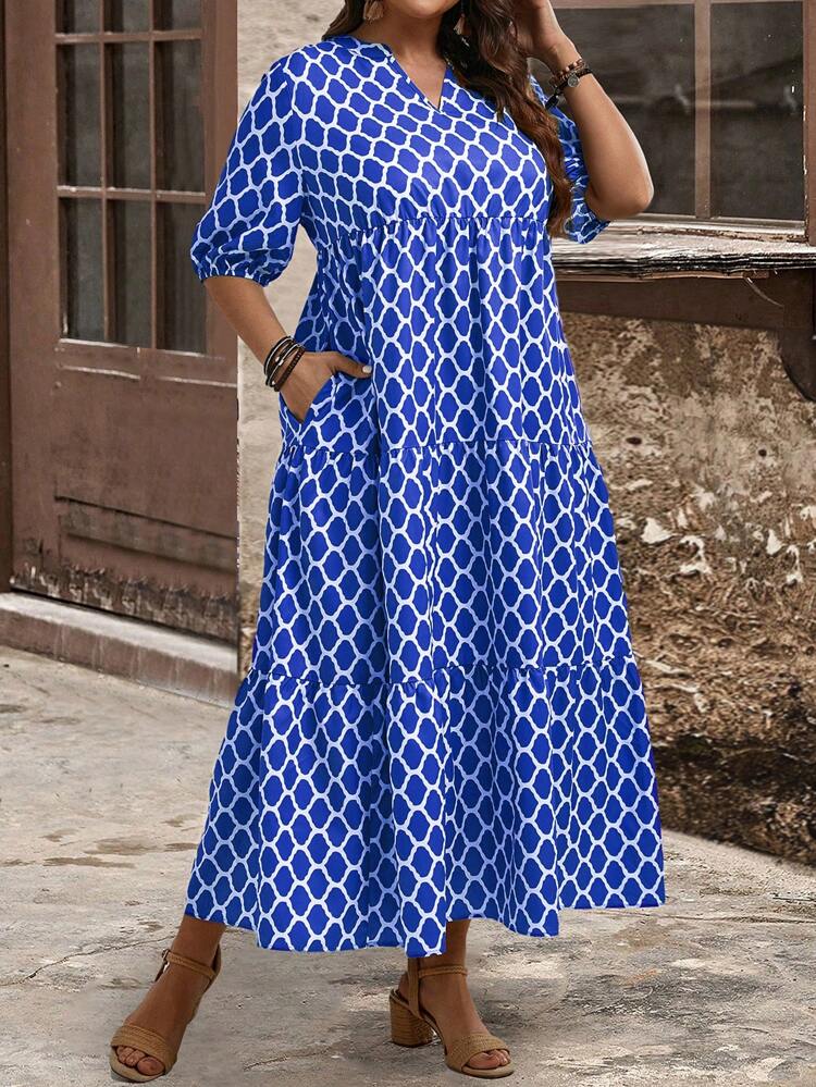 Plus Size V-Neck Short Sleeve Allover Print Ruffle Hem Elegant Midi Dress, For Summer,Beach Dress Sundress,Holiday Outfits Boho