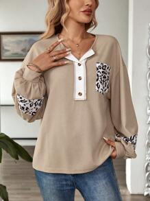 EMERY ROSE Women's V-Neck Long Sleeve Color Block Casual Loose Comfortable Leopard Print Sweatshirt - Khaki - View 4